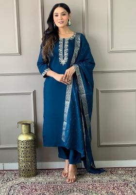 Blue Embroidered Chanderi Salwar Kameez With Dupatta