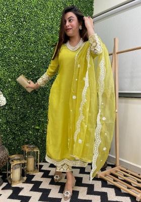 Yellow Thread Work Chanderi Salwar Kameez With Dupatta