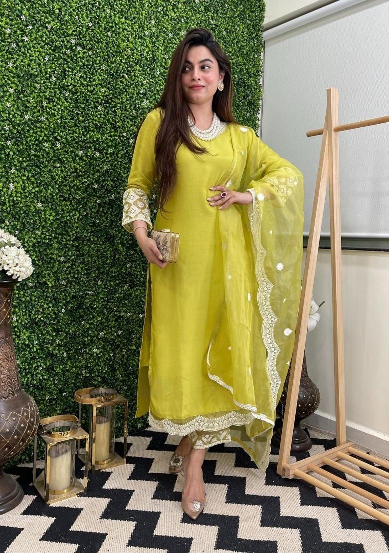 Yellow Thread Work Chanderi Salwar Kameez With Dupatta