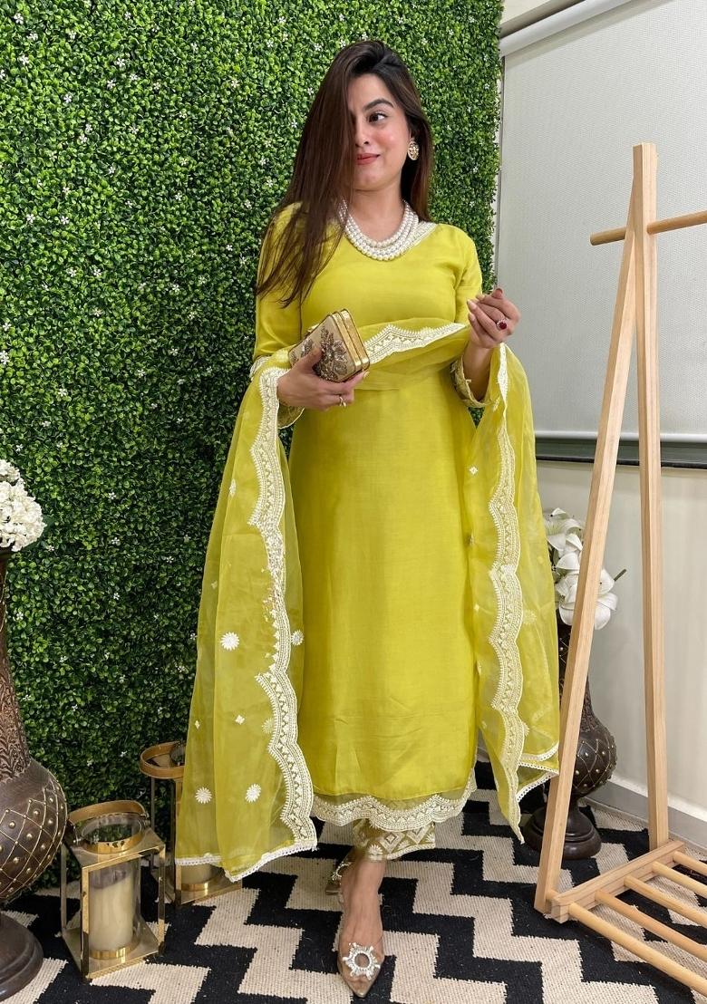 Yellow Thread Work Chanderi Salwar Kameez With Dupatta