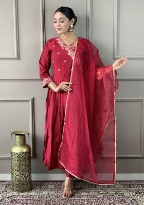 Maroon Embroidered Chanderi Salwar Kameez With Dupatta