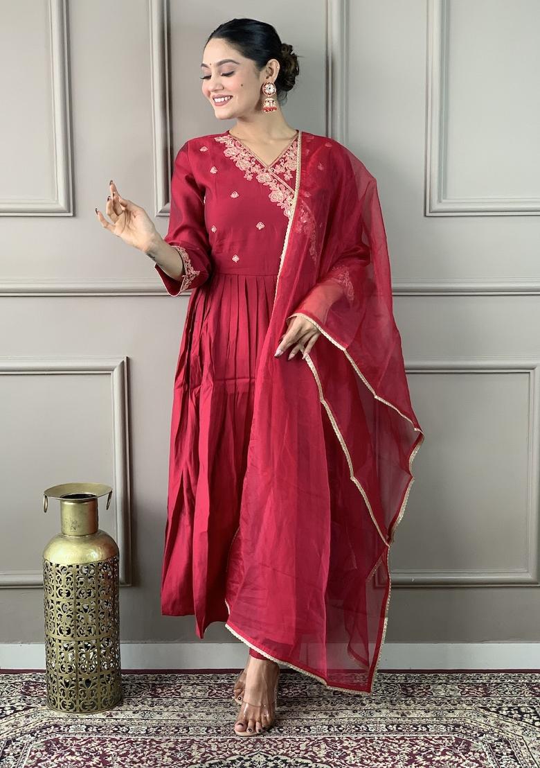 Maroon  Embroidered Chanderi Salwar Kameez With Dupatta