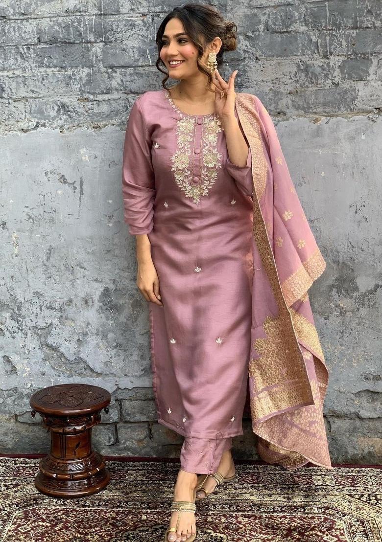 Onion Pink Embroidered Viscose Salwar Kameez With Dupatta