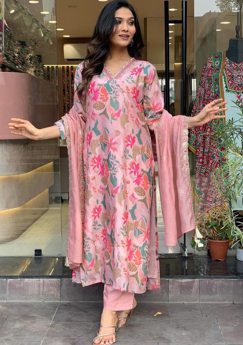 Pink Printed Viscose Salwar Kameez With Dupatta