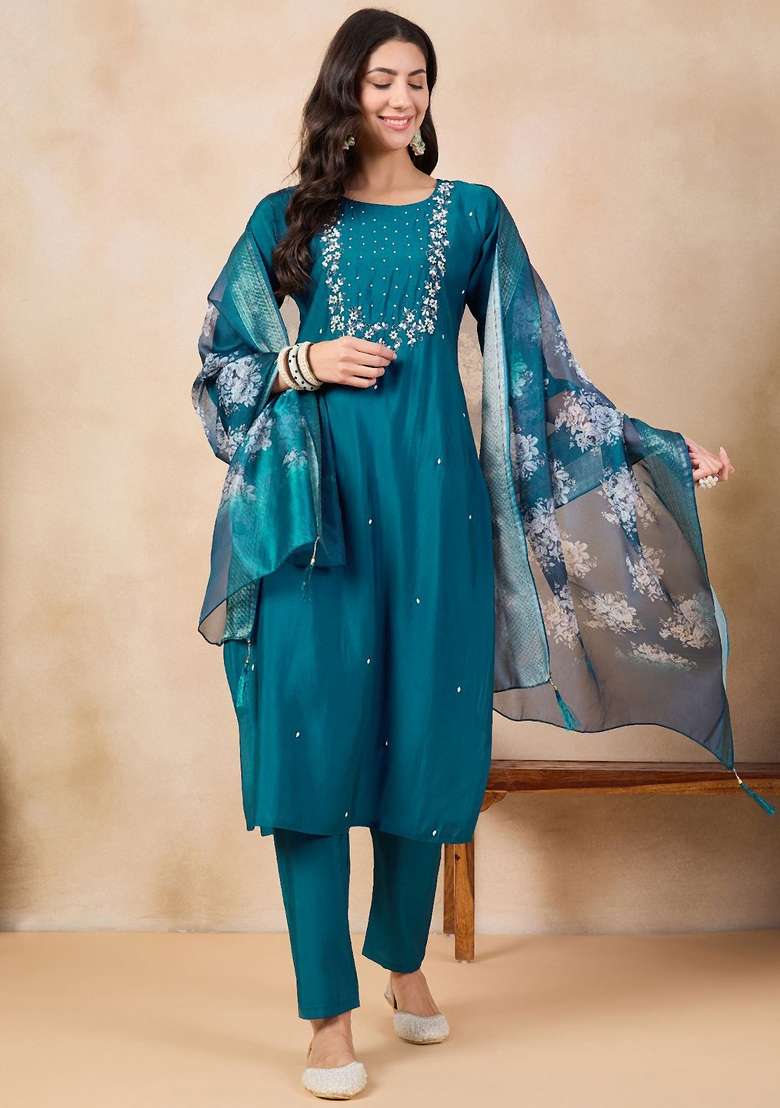 Blue Embroidered Viscose Straight Kurta Set - Indya