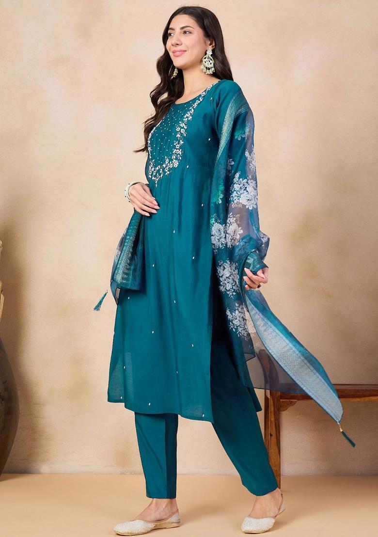 Blue Embroidered Viscose Salwar Kameez With Dupatta
