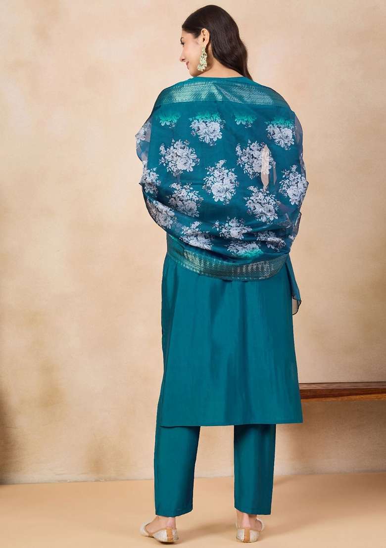 Blue Embroidered Viscose Straight Kurta Set - Indya
