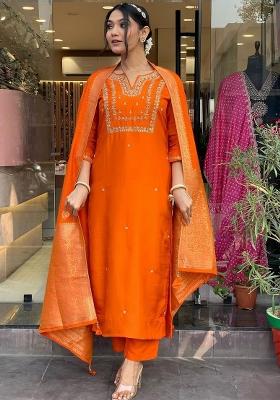 Orange Embroidered Viscose Salwar Kameez With Dupatta