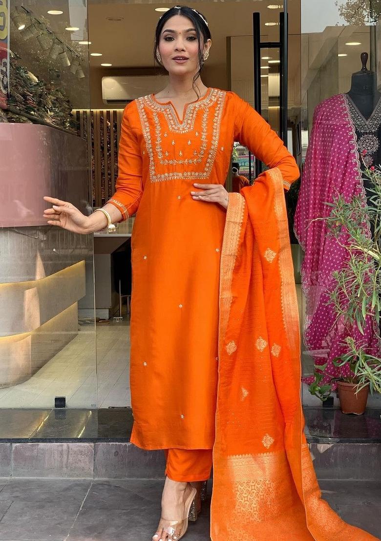 Orange Embroidered Viscose Salwar Kameez With Dupatta