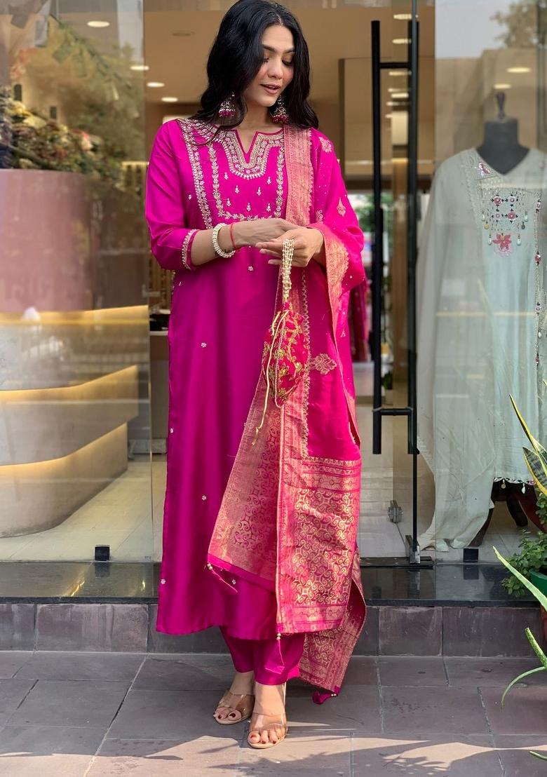 Pink Embroidered Viscose Salwar Kameez With Dupatta