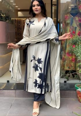 White Printed Muslin Salwar Kameez With Dupatta