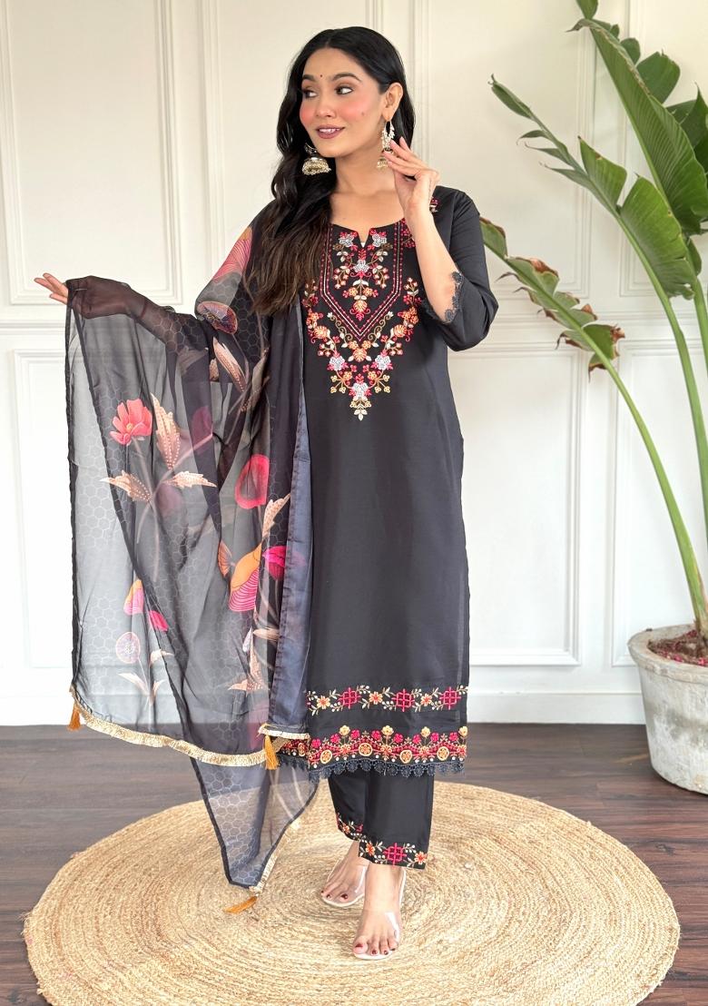 Black Embroidered Chanderi Salwar Kameez With Dupatta