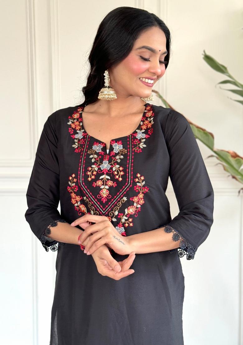 Black Embroidered Chanderi Salwar Kameez With Dupatta