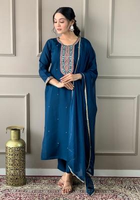 Blue Embroidered Viscose Salwar Kameez With Dupatta