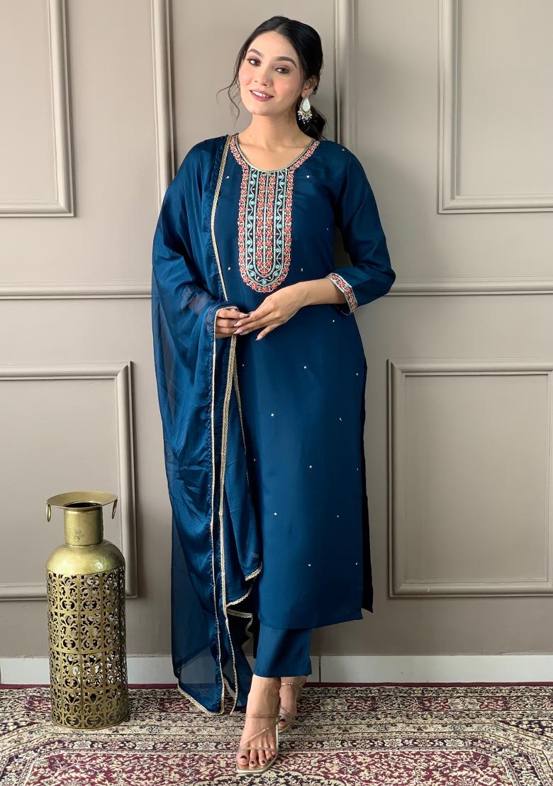 Blue Embroidered Viscose Salwar Kameez With Dupatta