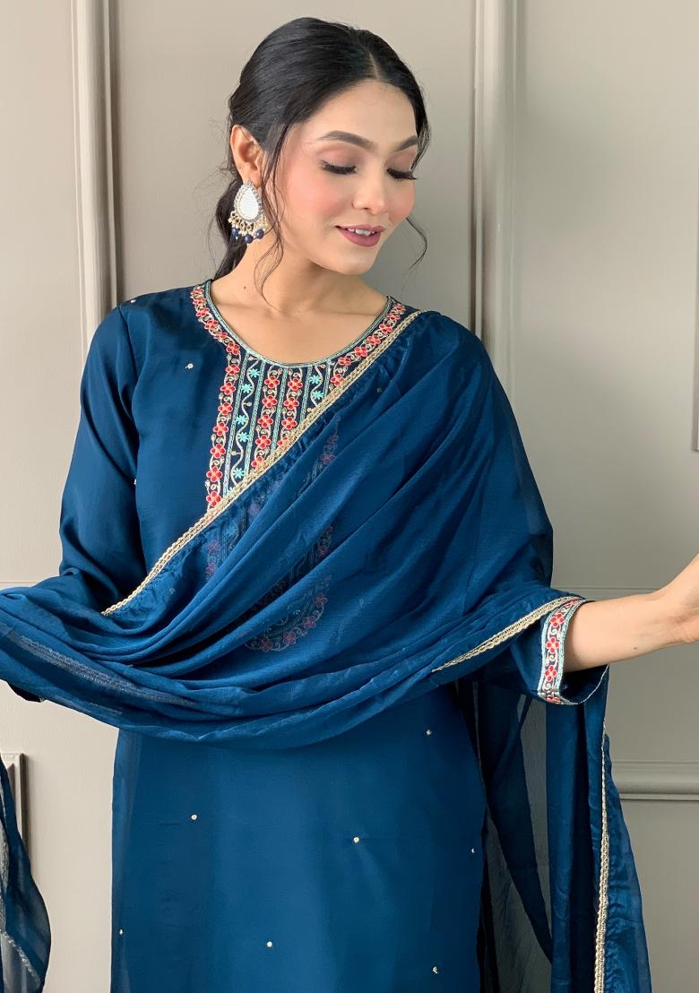 Blue Embroidered Viscose Salwar Kameez With Dupatta