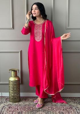 Red Embroidered Viscose Salwar Kameez With Dupatta