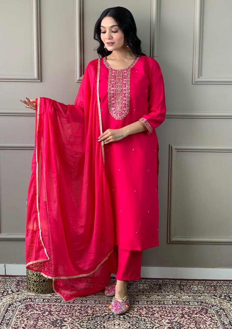 Red Embroidered Viscose Salwar Kameez With Dupatta