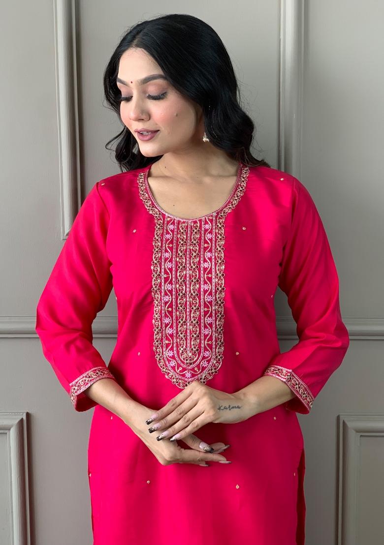 Red Embroidered Viscose Salwar Kameez With Dupatta