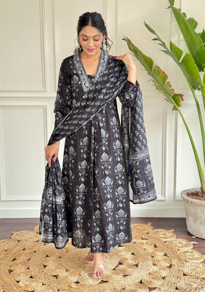 Black Printed Cotton Salwar Kameez With Dupatta