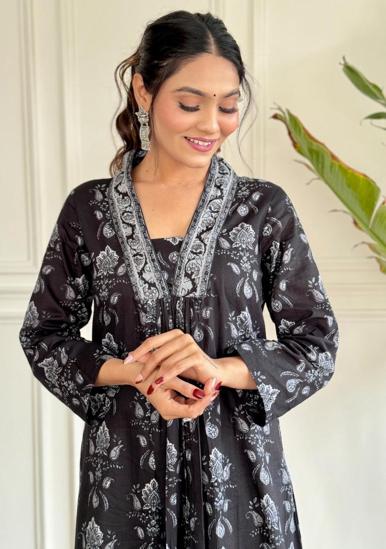 Black Printed Cotton Salwar Kameez With Dupatta