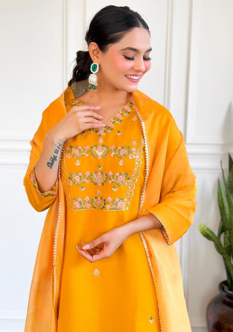 Yellow Embroidered Chanderi Salwar Kameez With Dupatta