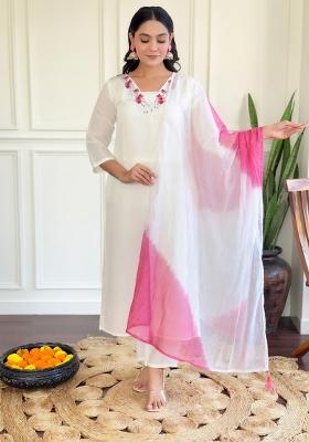 White Embroidered Chanderi Salwar Kameez With Dupatta