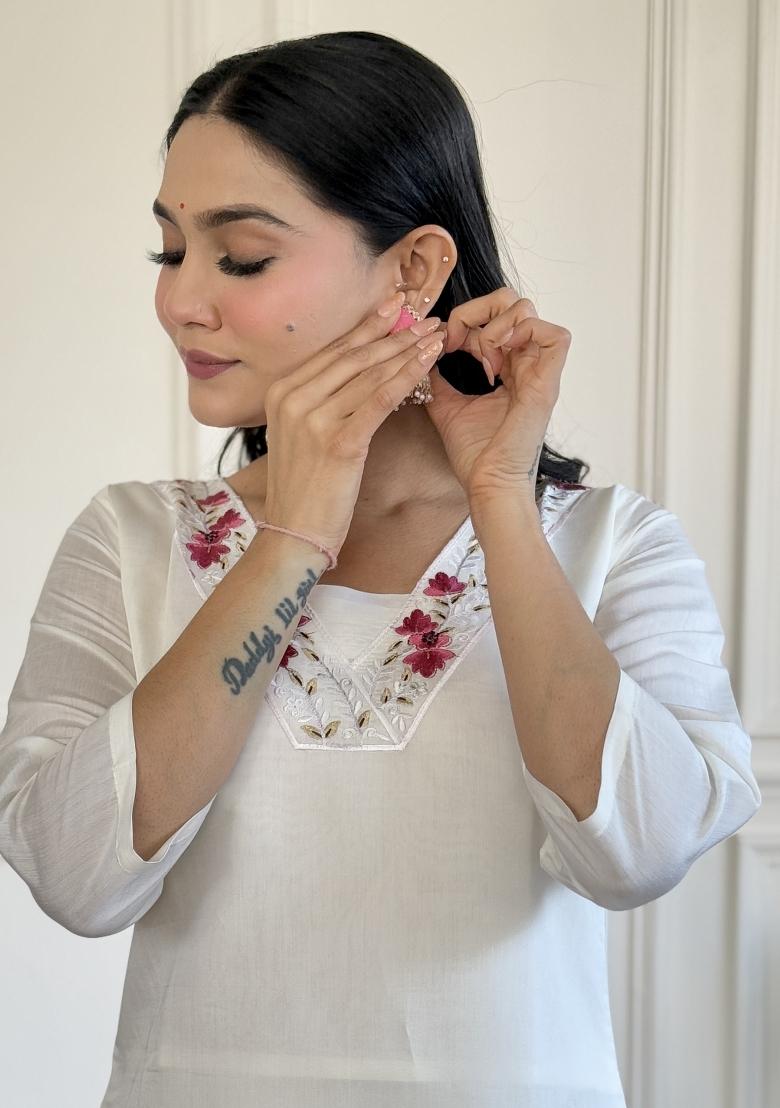 White Embroidered Chanderi Salwar Kameez With Dupatta