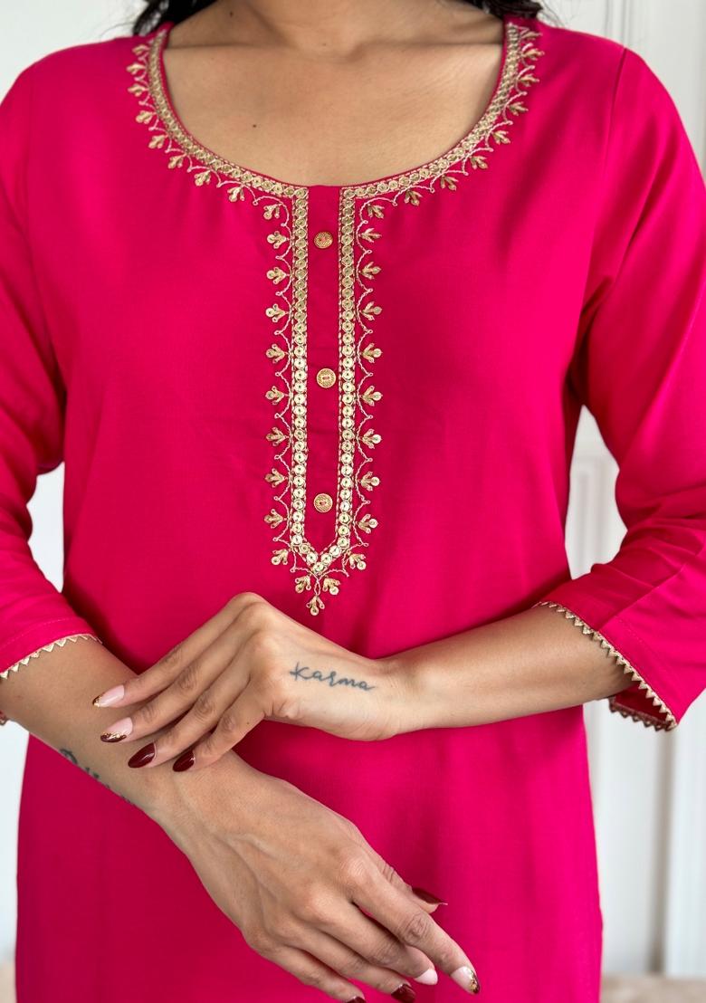Red Embroidered Viscose Salwar Kameez With Dupatta