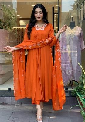Orange Embroidered Silk Salwar Kameez With Dupatta