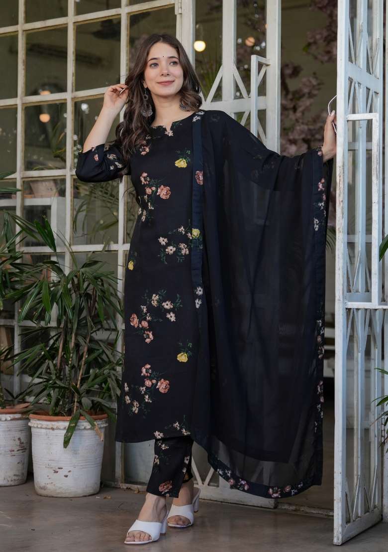 Black Floral Print Viscose Straight Kurta Set - Indya