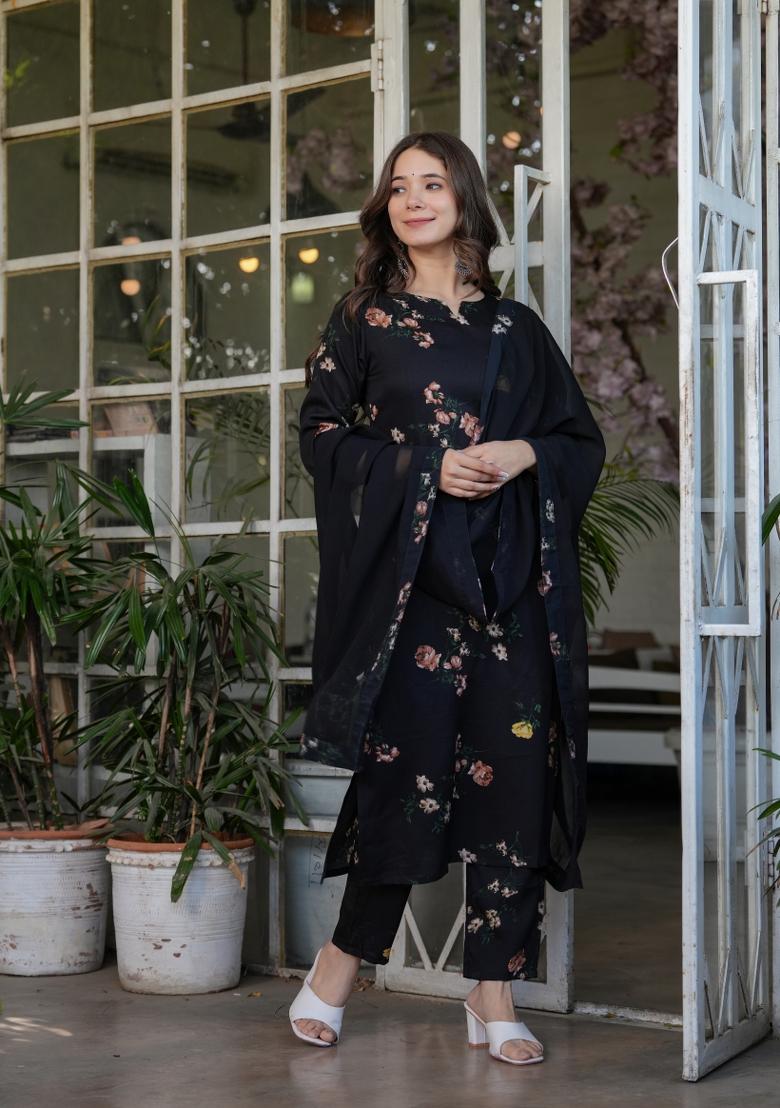 Black Printed Viscose Salwar Kameez With Dupatta