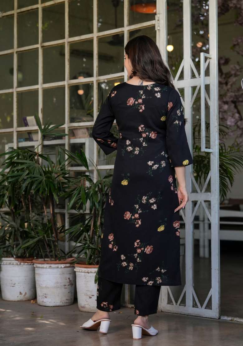 Black Floral Print Viscose Straight Kurta Set - Indya