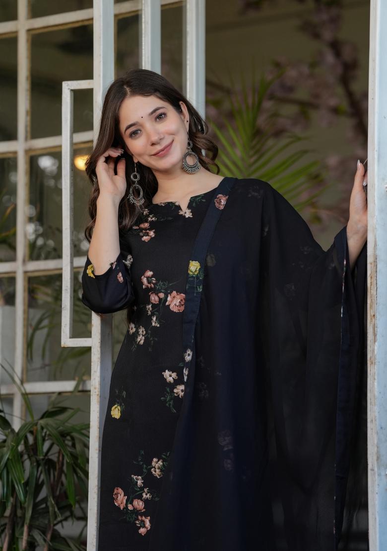 Black Printed Viscose Salwar Kameez With Dupatta