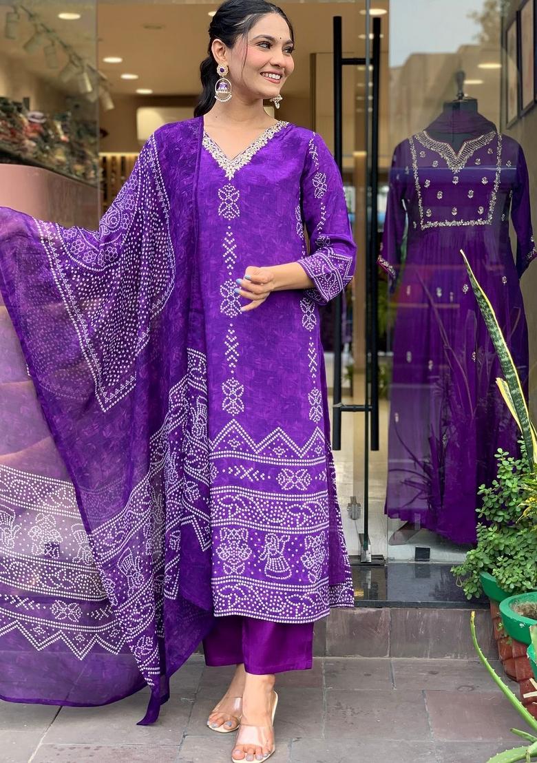 Purple Printed Silk Salwar Kameez With Dupatta