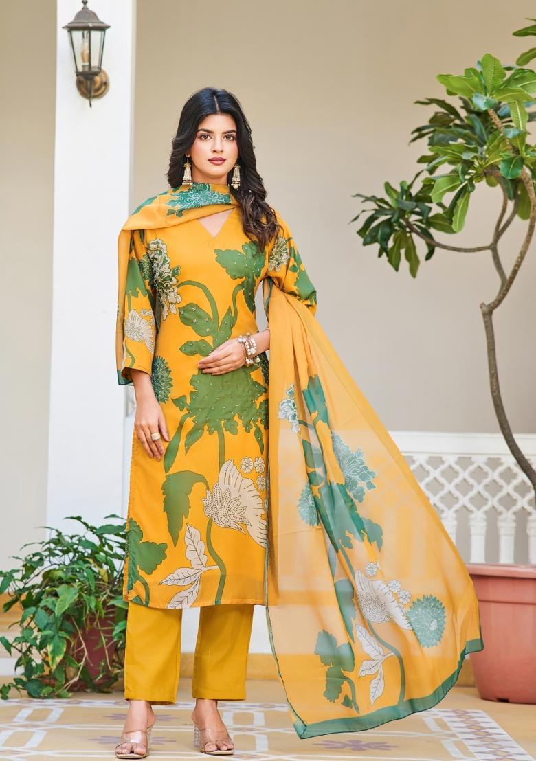 Yellow Printed Organza Silk Salwar Kameez With Dupatta
