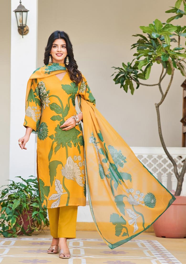 Yellow Printed Organza Silk Salwar Kameez With Dupatta