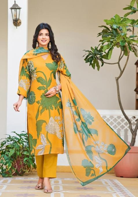 Yellow Printed Organza Silk Salwar Kameez With Dupatta