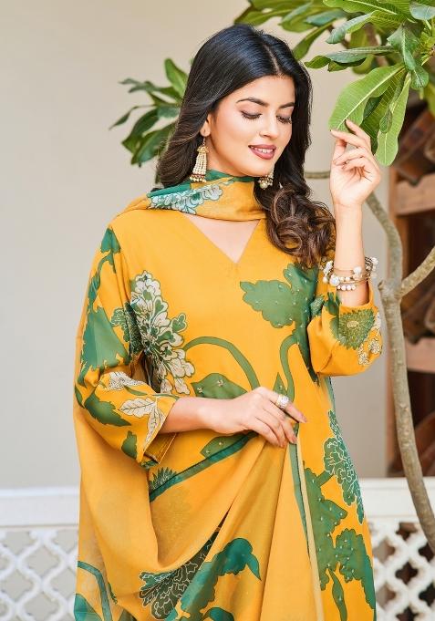 Yellow Printed Organza Silk Salwar Kameez With Dupatta
