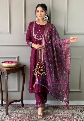Wine Embroidered Viscose Salwar Kameez With Dupatta