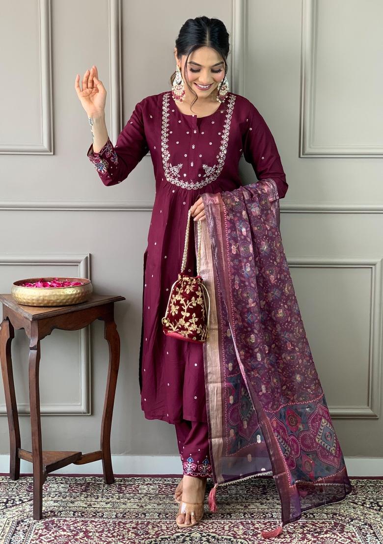 Wine Embroidered Viscose Salwar Kameez With Dupatta