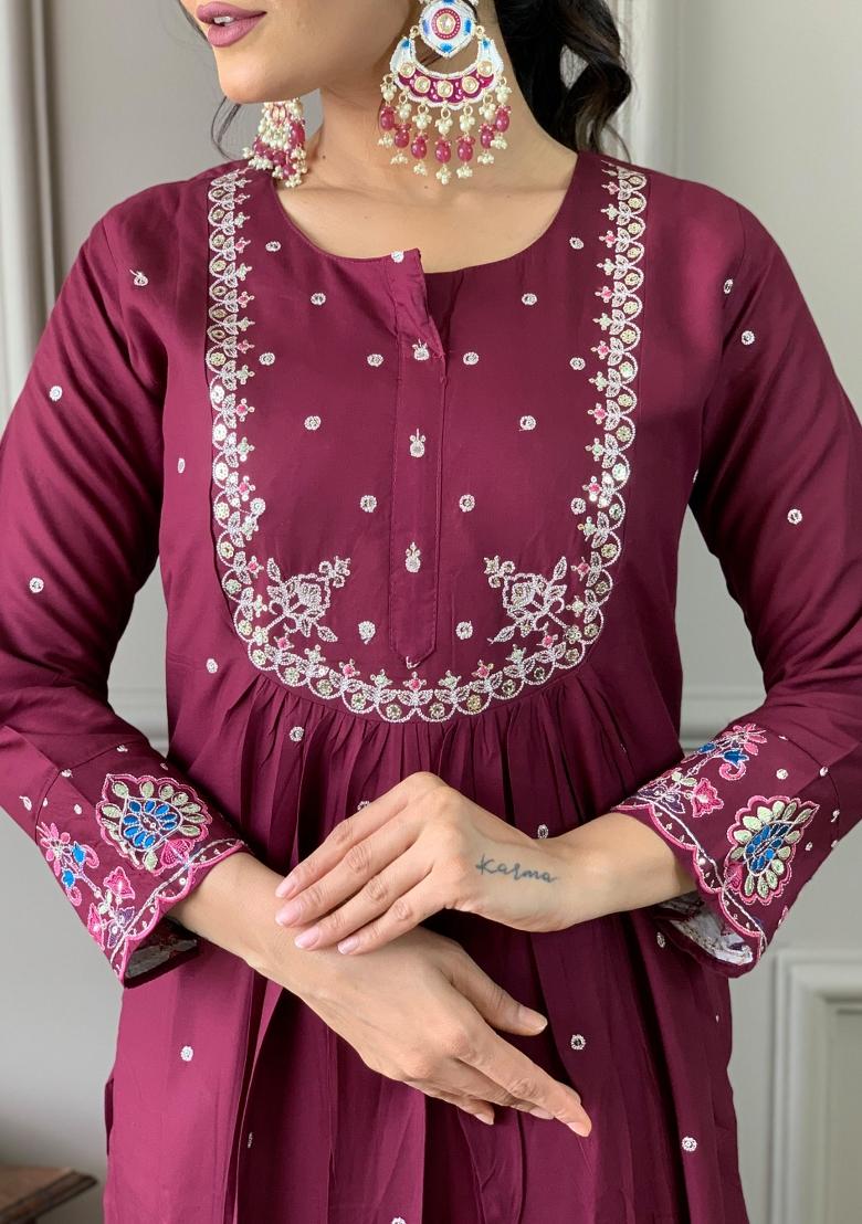 Wine Embroidered Viscose Salwar Kameez With Dupatta