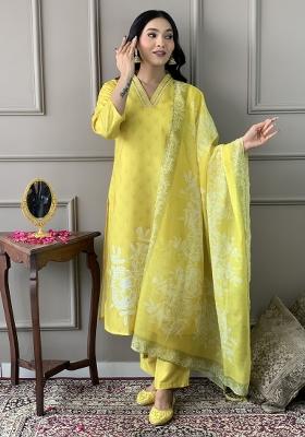 Yellow Printed Chanderi Salwar Kameez With Dupatta