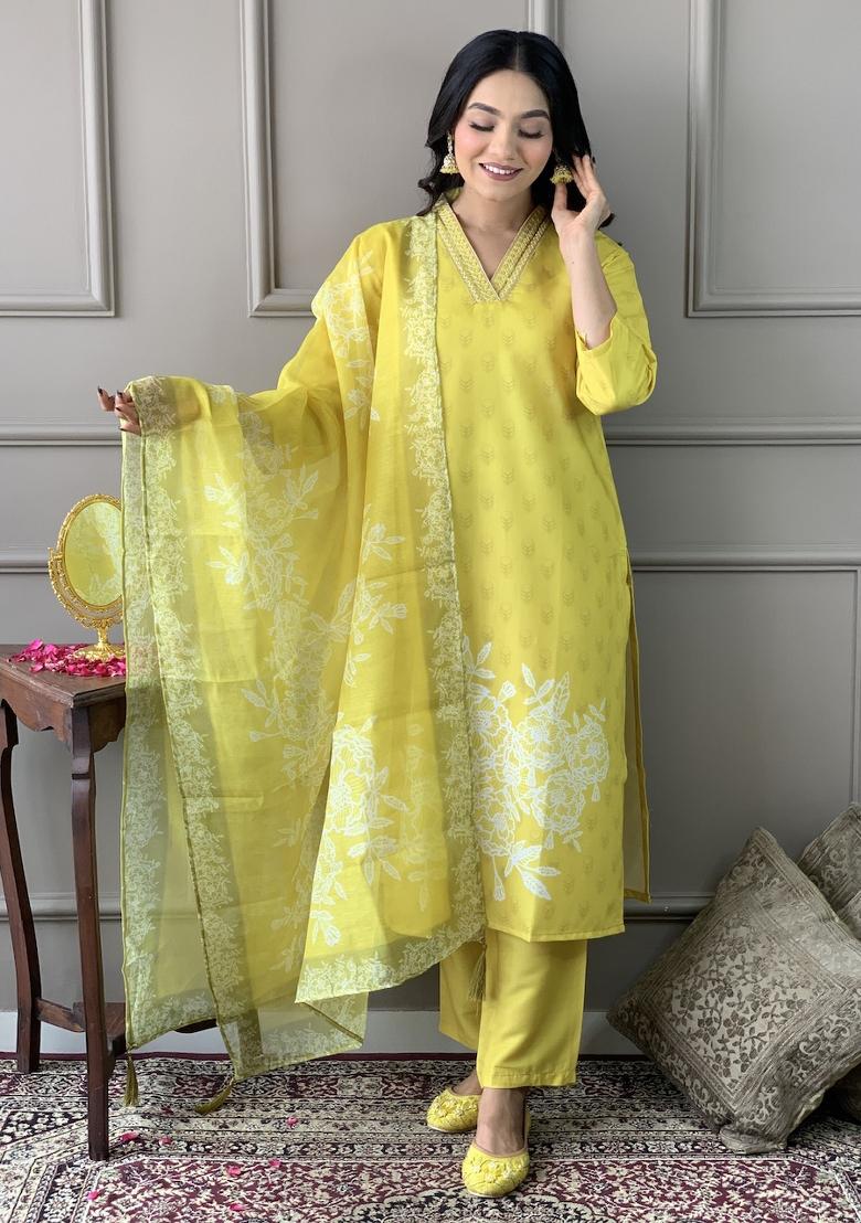 Yellow Printed Chanderi Salwar Kameez With Dupatta