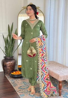 Pista Green Embroidered Viscose Salwar Kameez With Dupatta