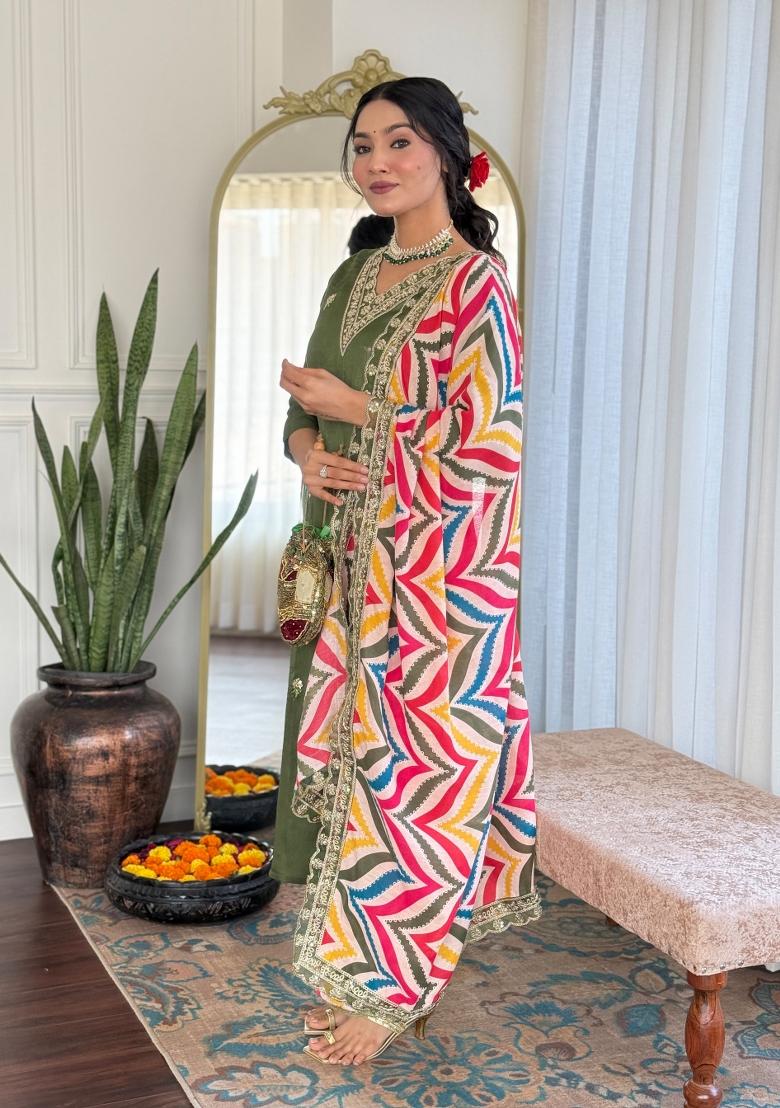 Pista Green Embroidered Viscose Salwar Kameez With Dupatta