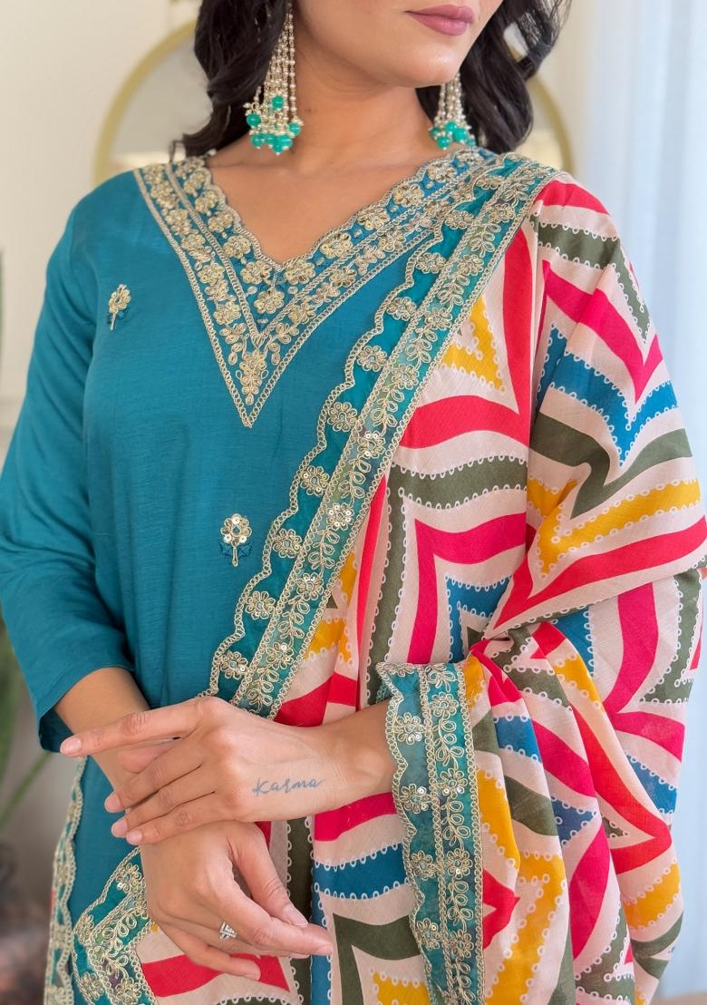 Rama Blue Embroidered Viscose Salwar Kameez With Dupatta