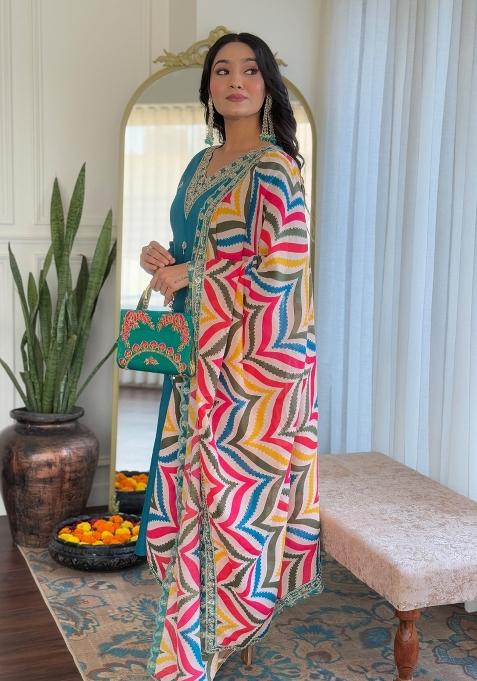 Rama Blue Embroidered Viscose Salwar Kameez With Dupatta