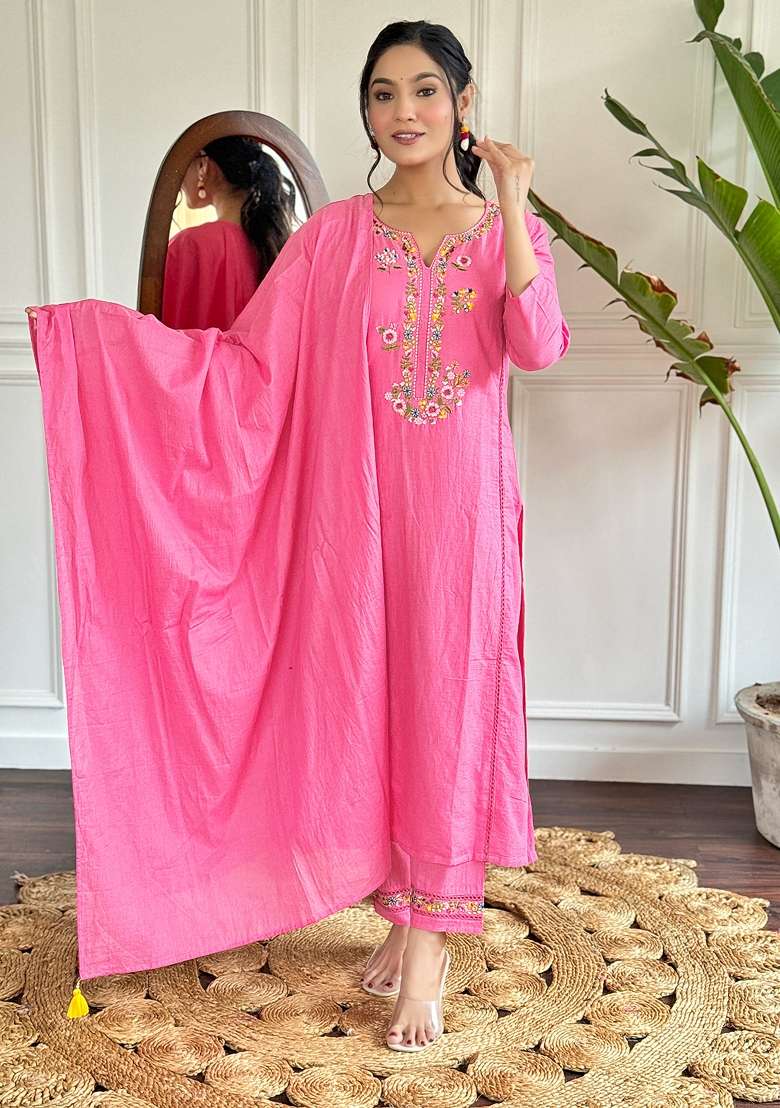 Pink Thread Work Viscose Salwar Kameez With Dupatta - Indya