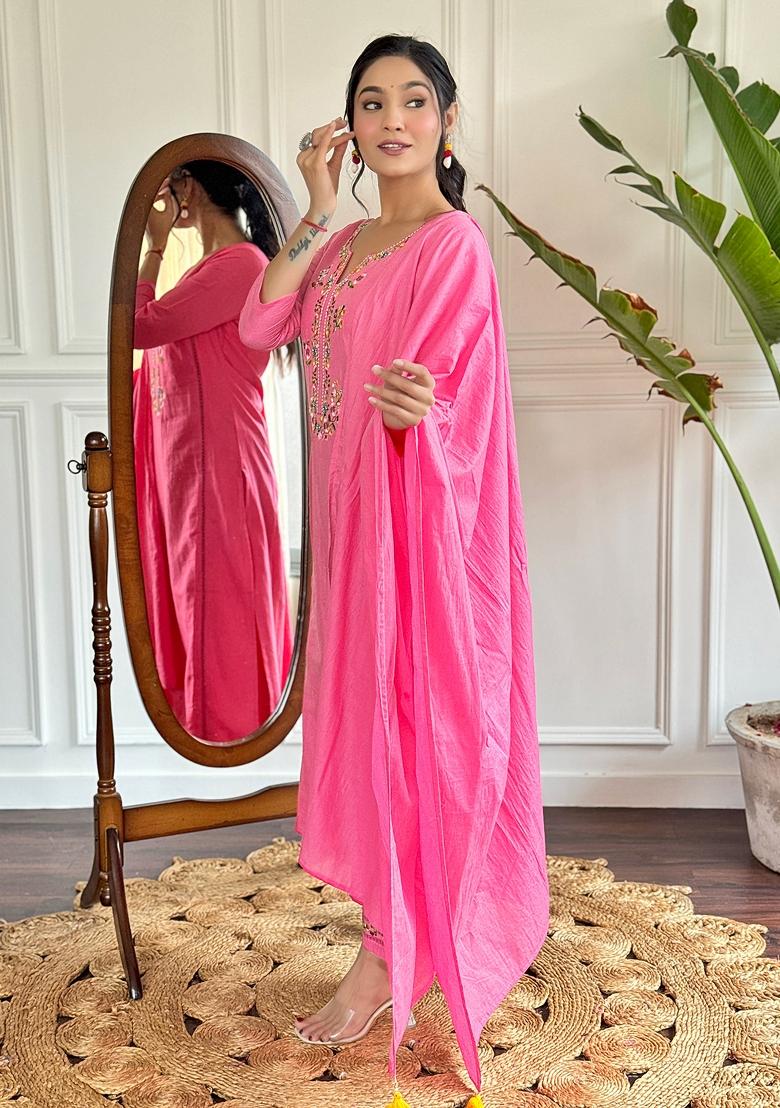 Pink Thread Work Viscose Salwar Kameez With Dupatta
